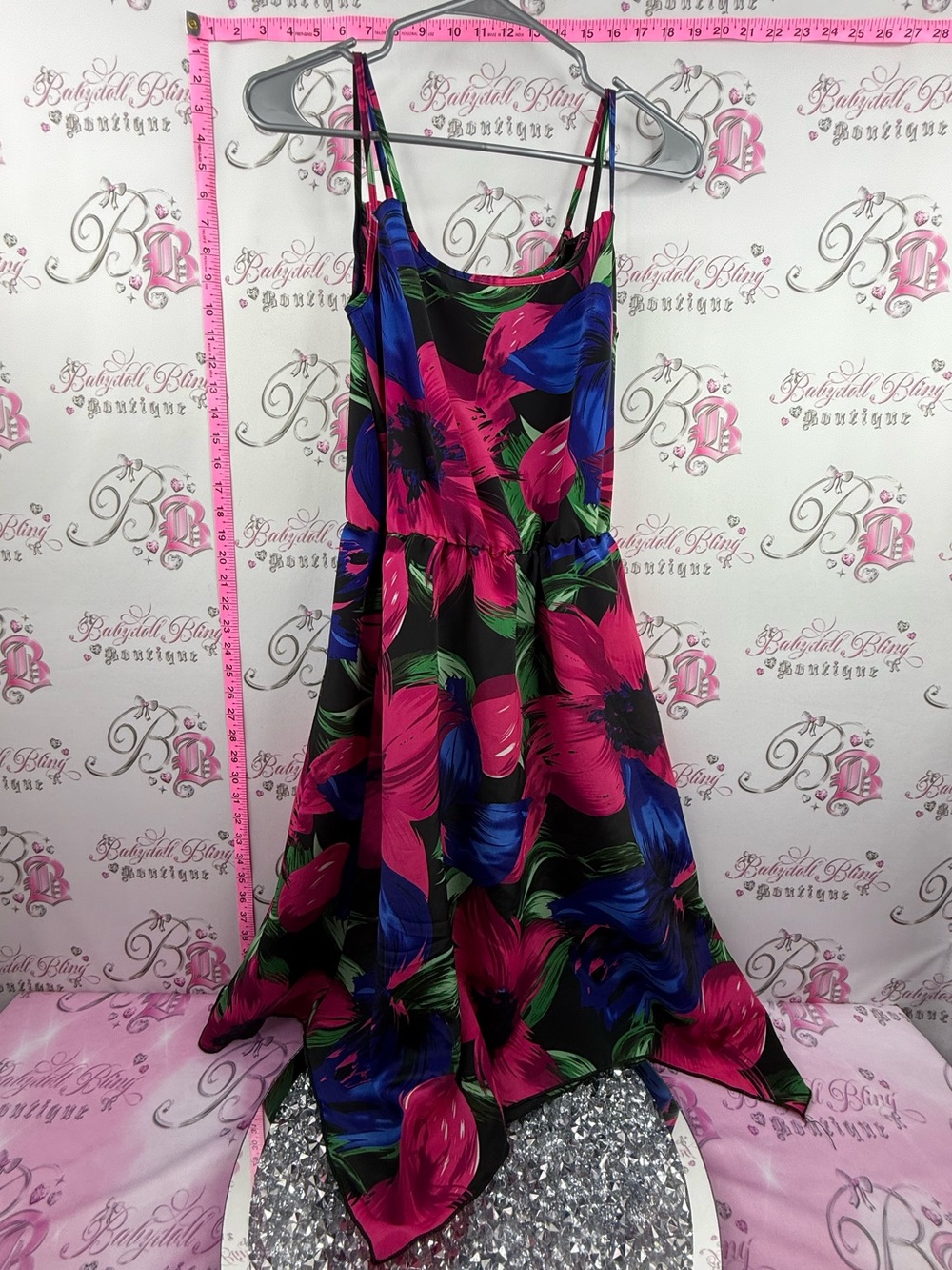 Jolie dress fairy hem Black Mini Dress with Pink & Blue Floral Print